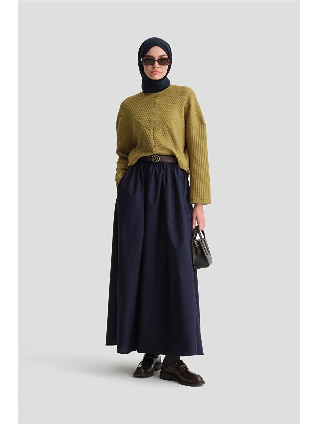 Deri Kemerli Büzgülü Etek 24K1717 Lacivert