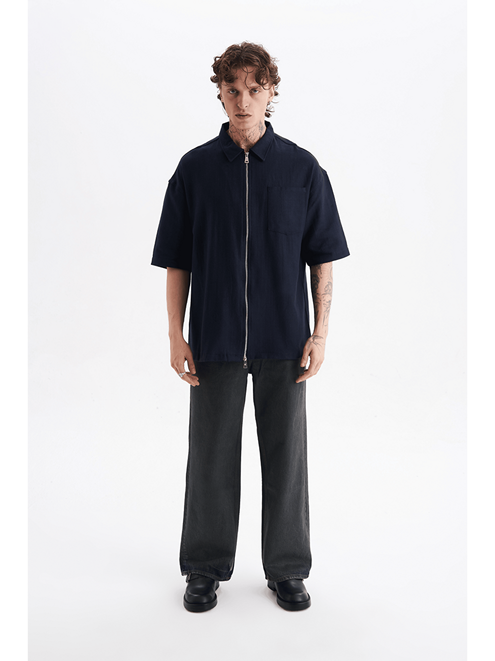 Erkek Lilyum Keten Fermuarlı Cepli Gömlek Lacivert-4