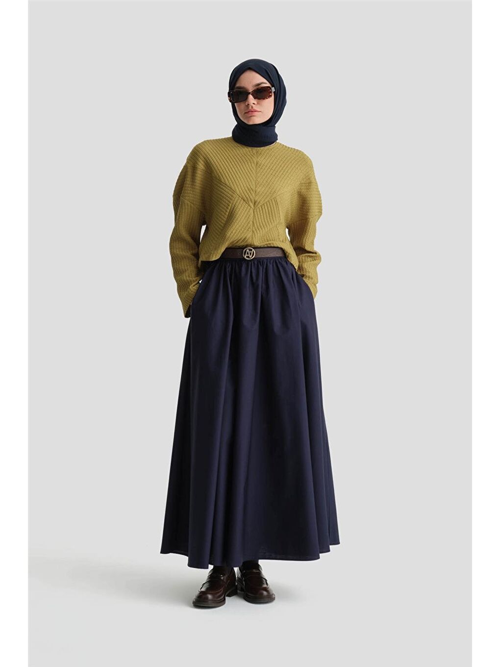 Deri Kemerli Büzgülü Etek 24K1717 Lacivert-1