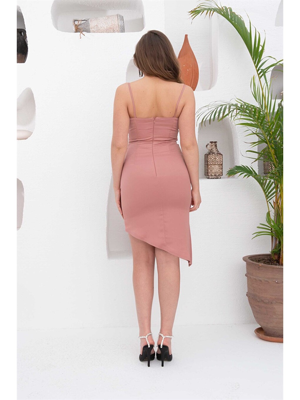 Pembe 6Ixty8ight Pudra Saten Askılı Kısa Abiye Elbise-4