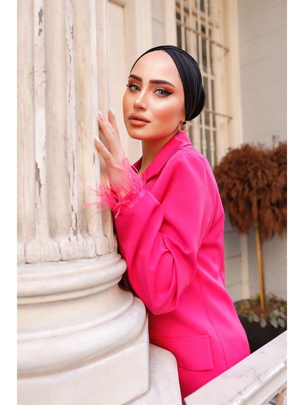 Pembe Kadın Manşet Püsküllü Ceket Pantolon Takım-1