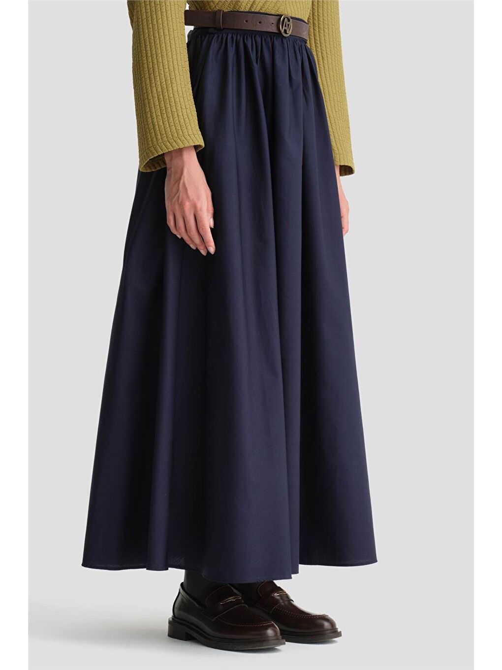 Deri Kemerli Büzgülü Etek 24K1717 Lacivert-3