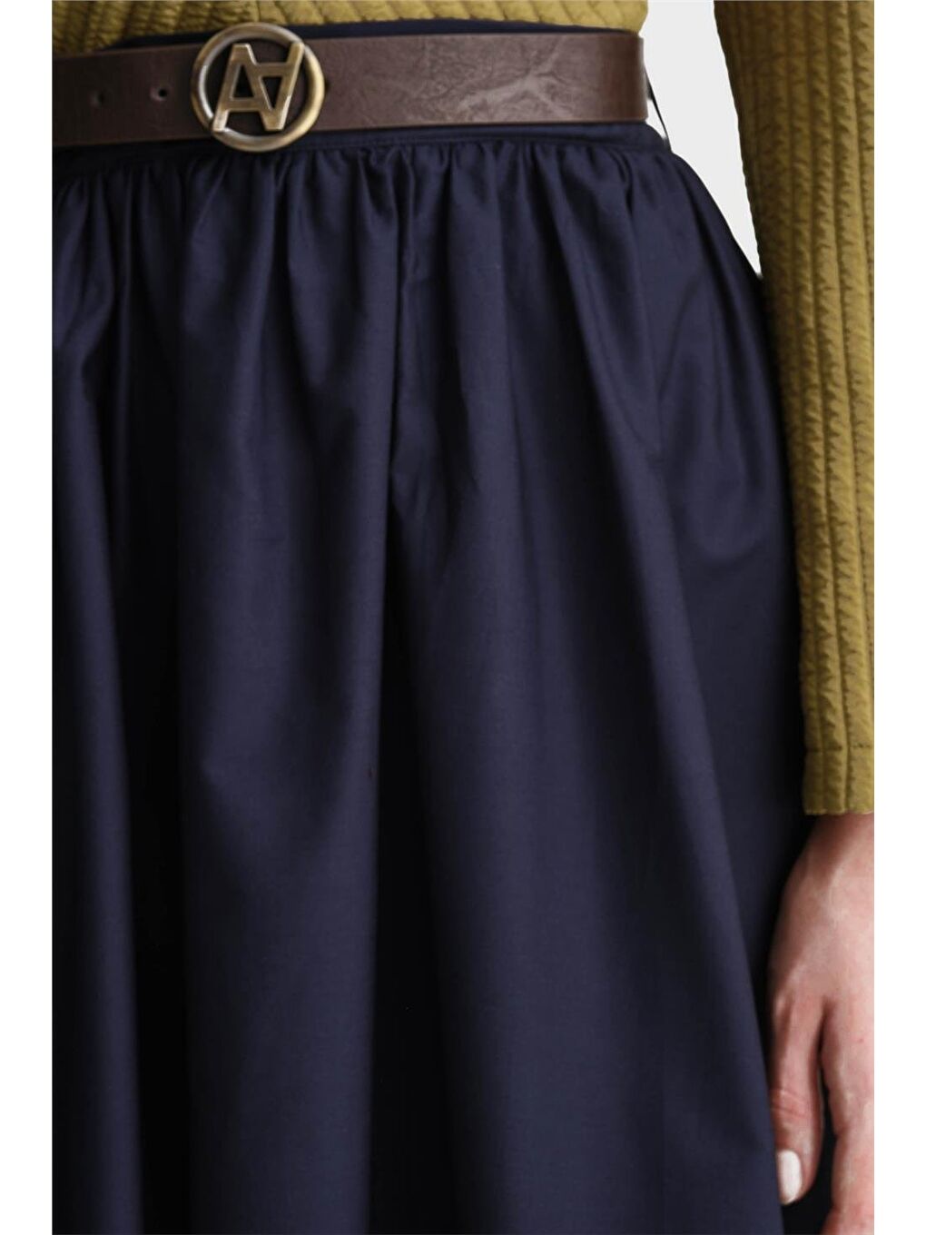 Deri Kemerli Büzgülü Etek 24K1717 Lacivert-4