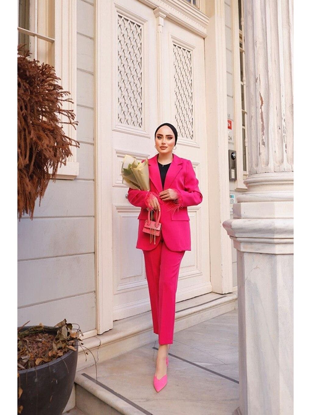Pembe Kadın Manşet Püsküllü Ceket Pantolon Takım-2