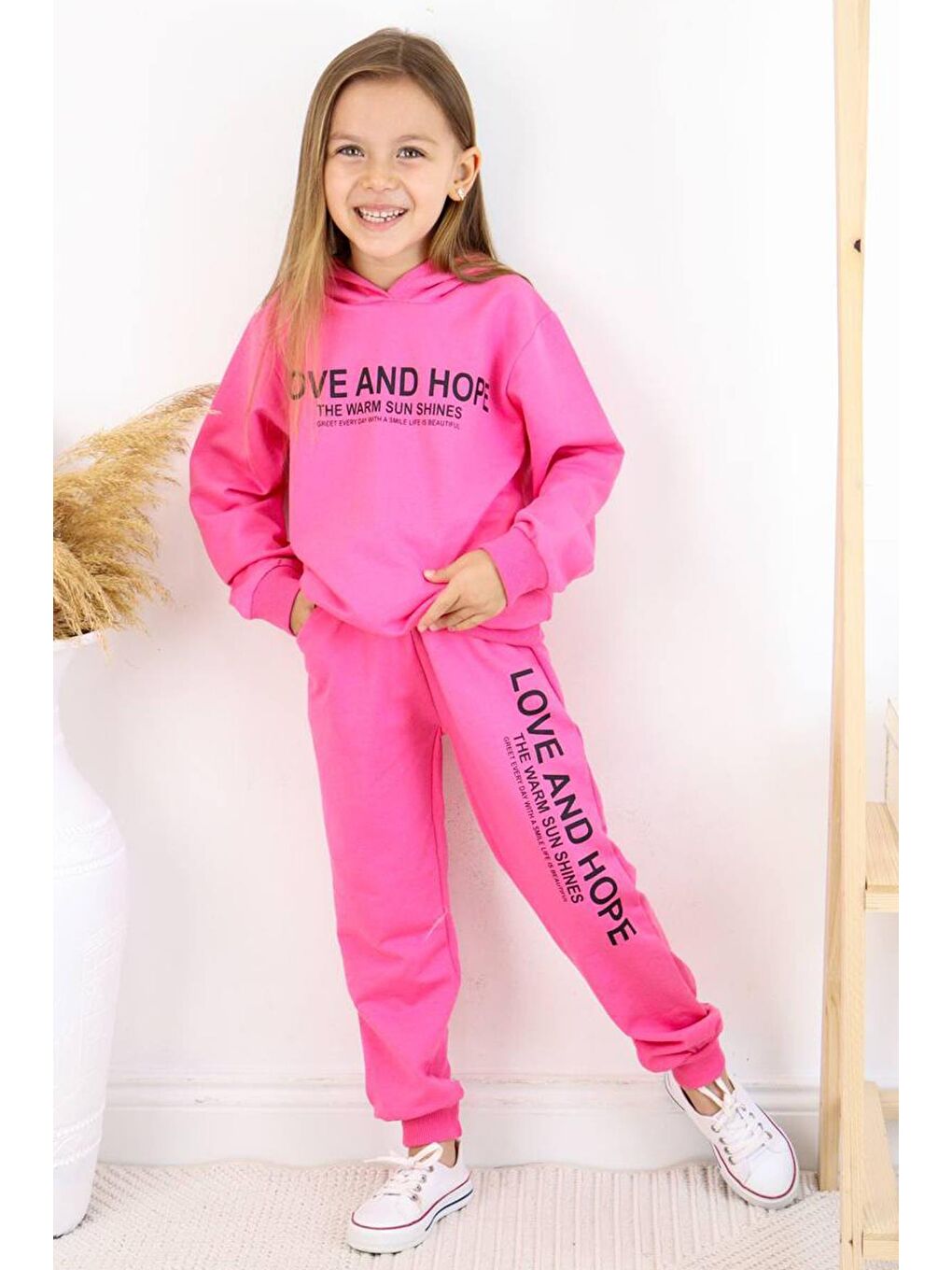 Riccotarz Pembe Kız Çocuk Love And Hope Basklı Penye Sweatshirt Pembe Eşofman Takım - 1