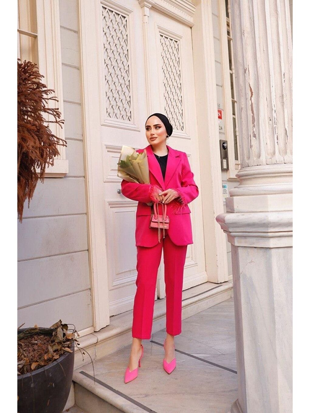 Pembe Kadın Manşet Püsküllü Ceket Pantolon Takım-3