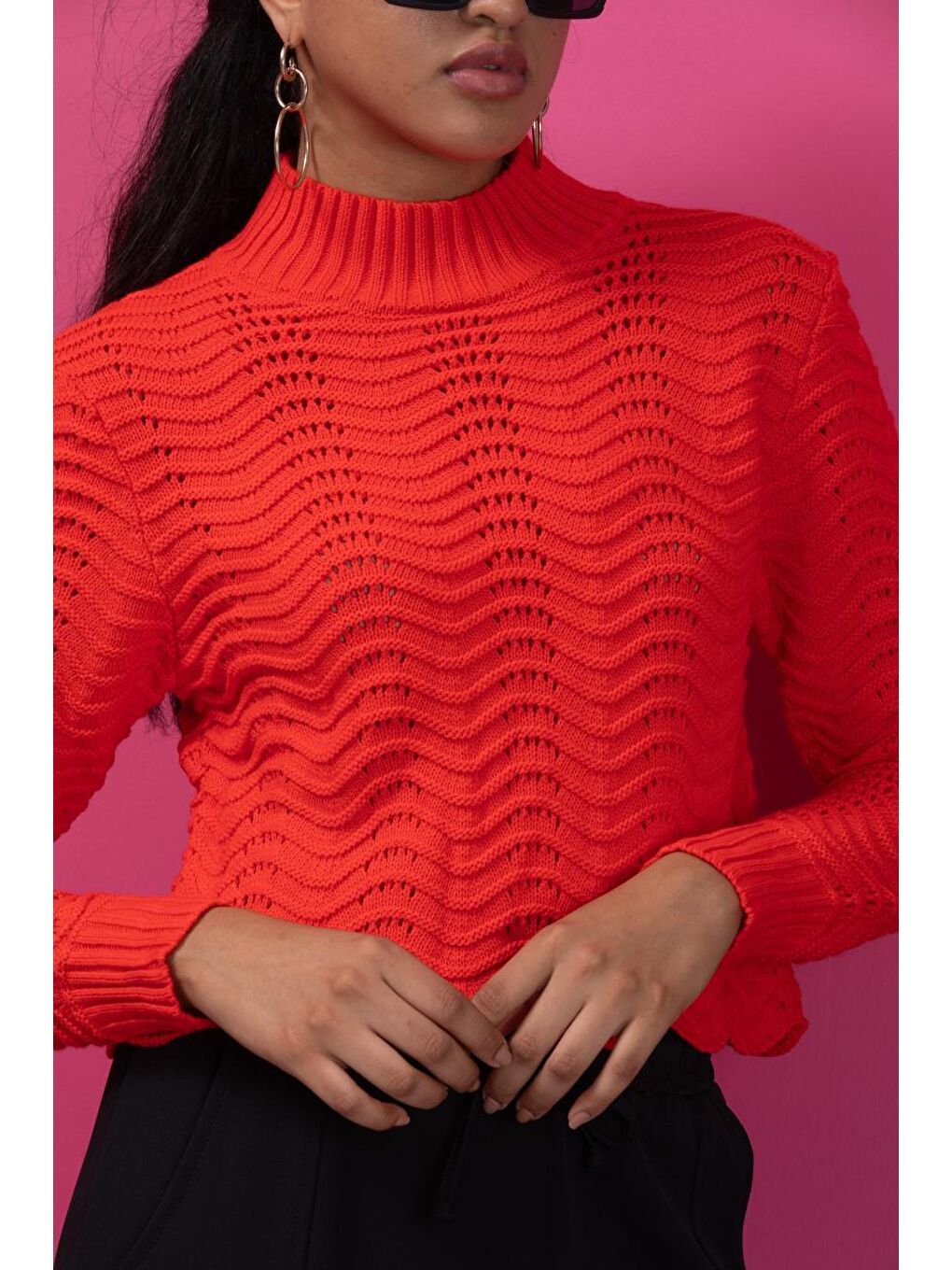 Turuncu Kadın Dalga Desen Triko Bluz 11010