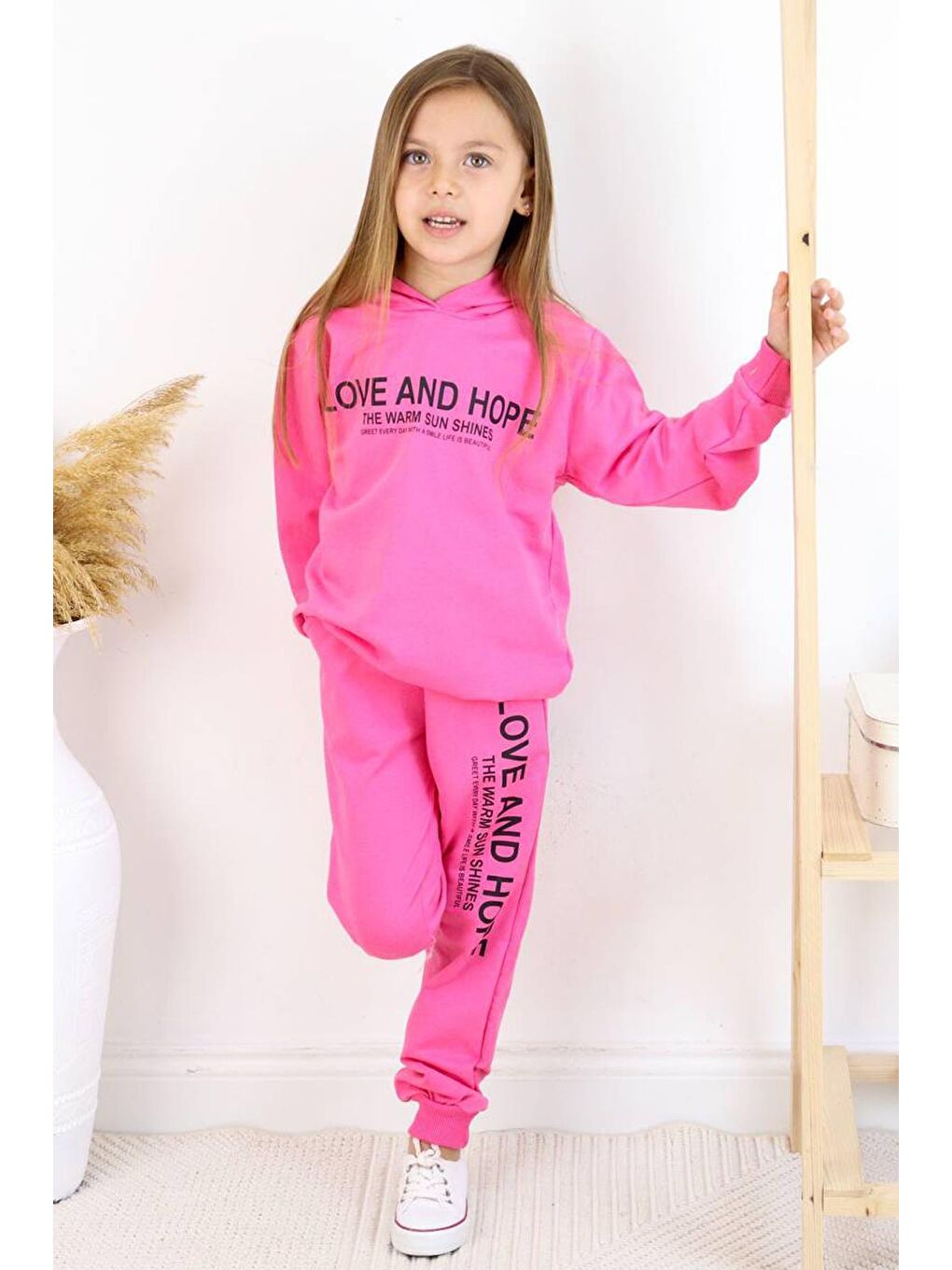 Riccotarz Pembe Kız Çocuk Love And Hope Basklı Penye Sweatshirt Pembe Eşofman Takım - 2