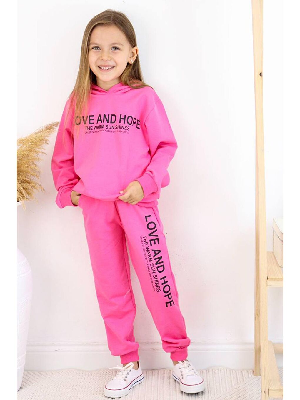 Riccotarz Pembe Kız Çocuk Love And Hope Basklı Penye Sweatshirt Pembe Eşofman Takım - 3