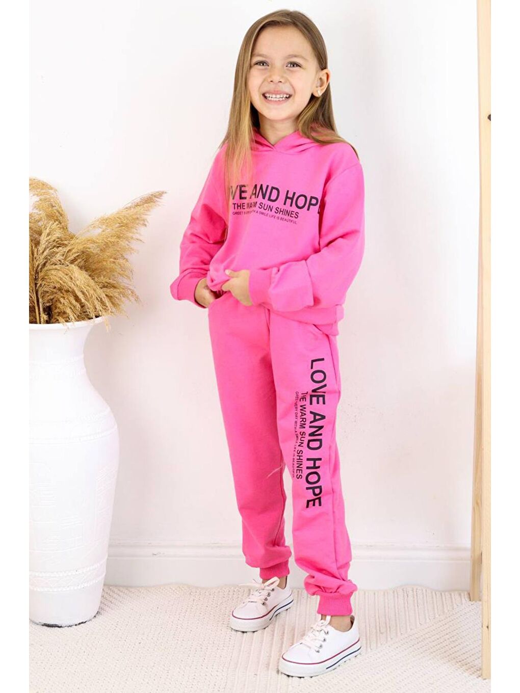 Riccotarz Pembe Kız Çocuk Love And Hope Basklı Penye Sweatshirt Pembe Eşofman Takım - 4