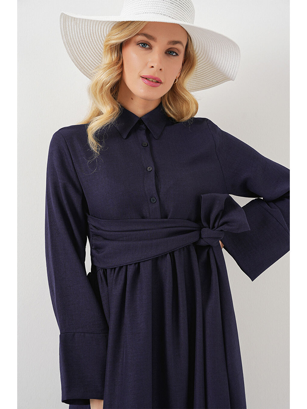 Kadın Önü Bağlamalı Keten Elbise 2574 - Lacivert-1