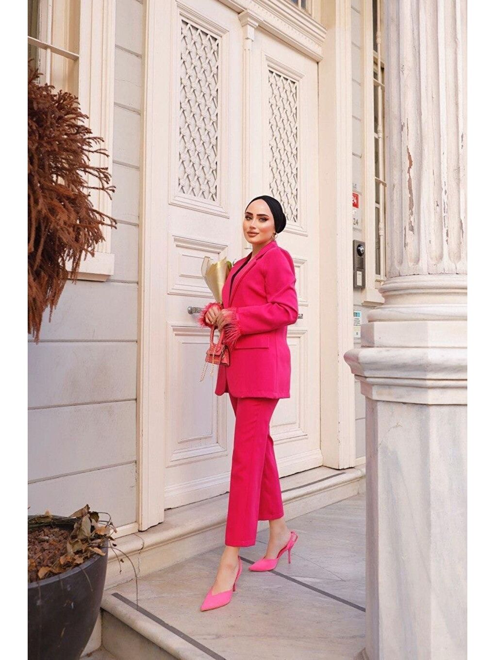 Pembe Kadın Manşet Püsküllü Ceket Pantolon Takım-4