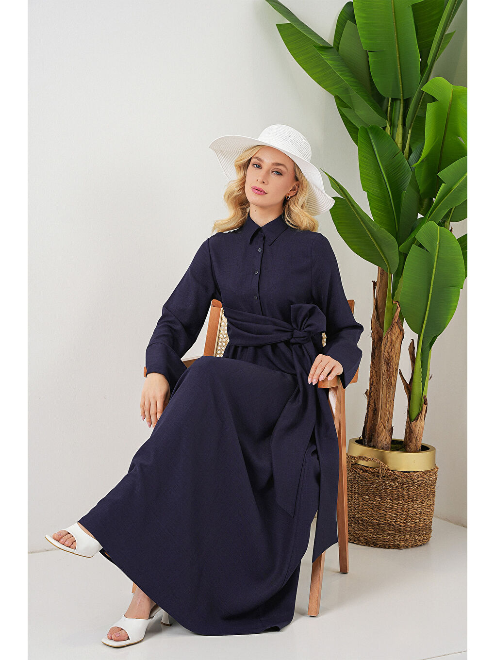 Kadın Önü Bağlamalı Keten Elbise 2574 - Lacivert-2