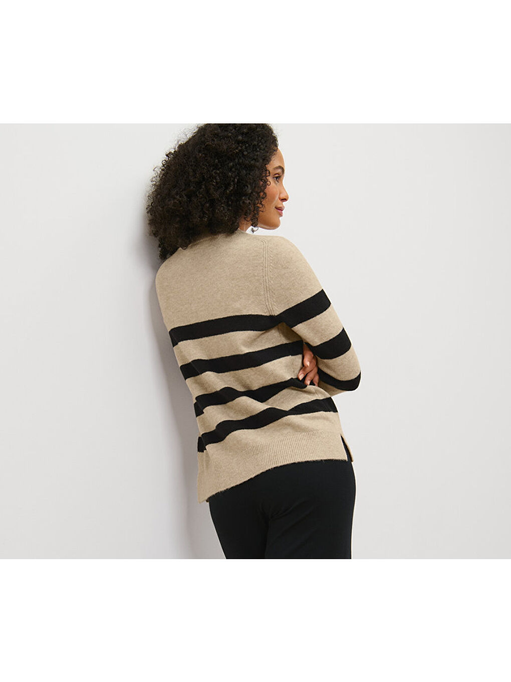 Bej Kadın Örgü Kazak, Çizgili-1