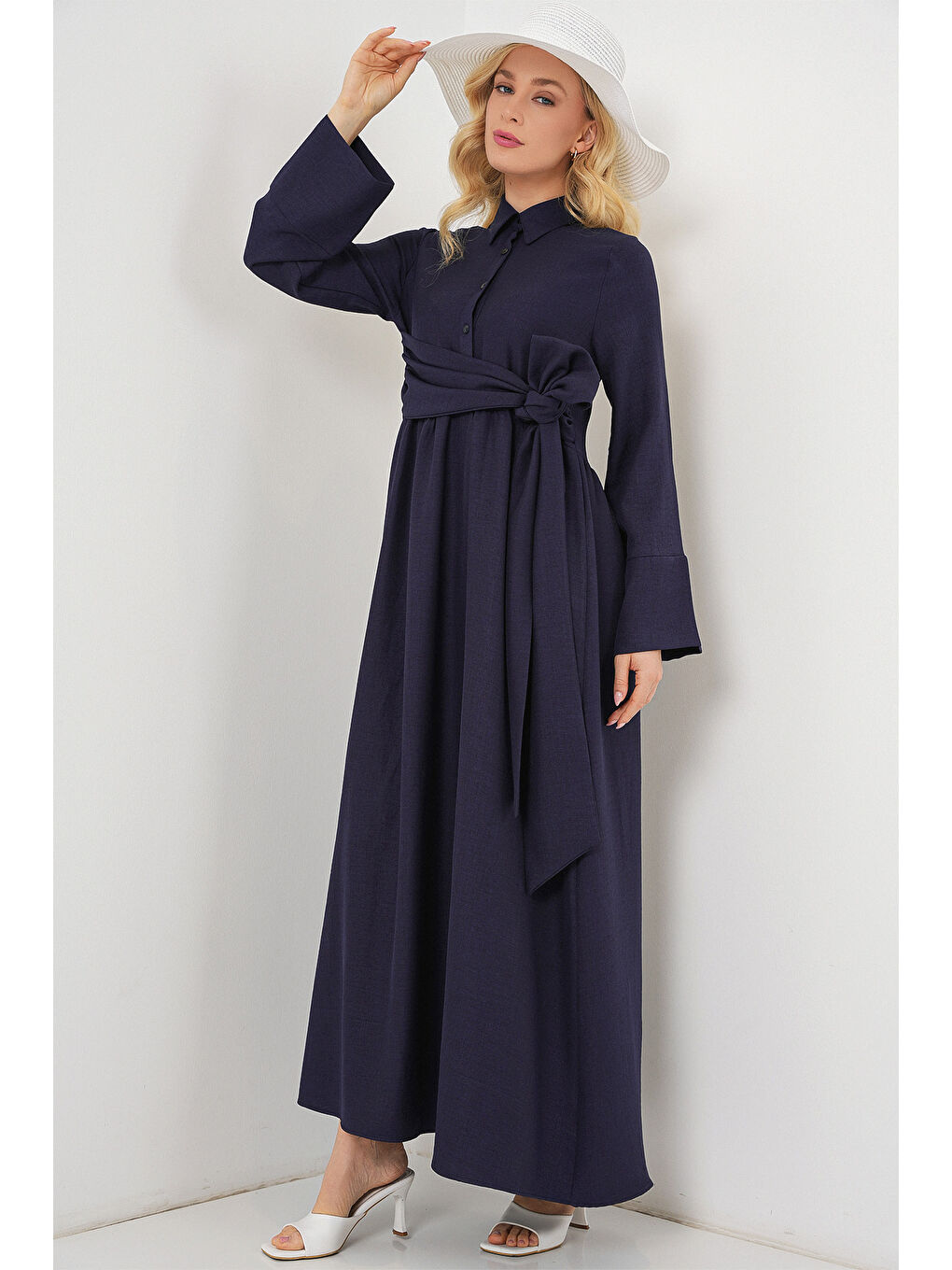 Kadın Önü Bağlamalı Keten Elbise 2574 - Lacivert-4