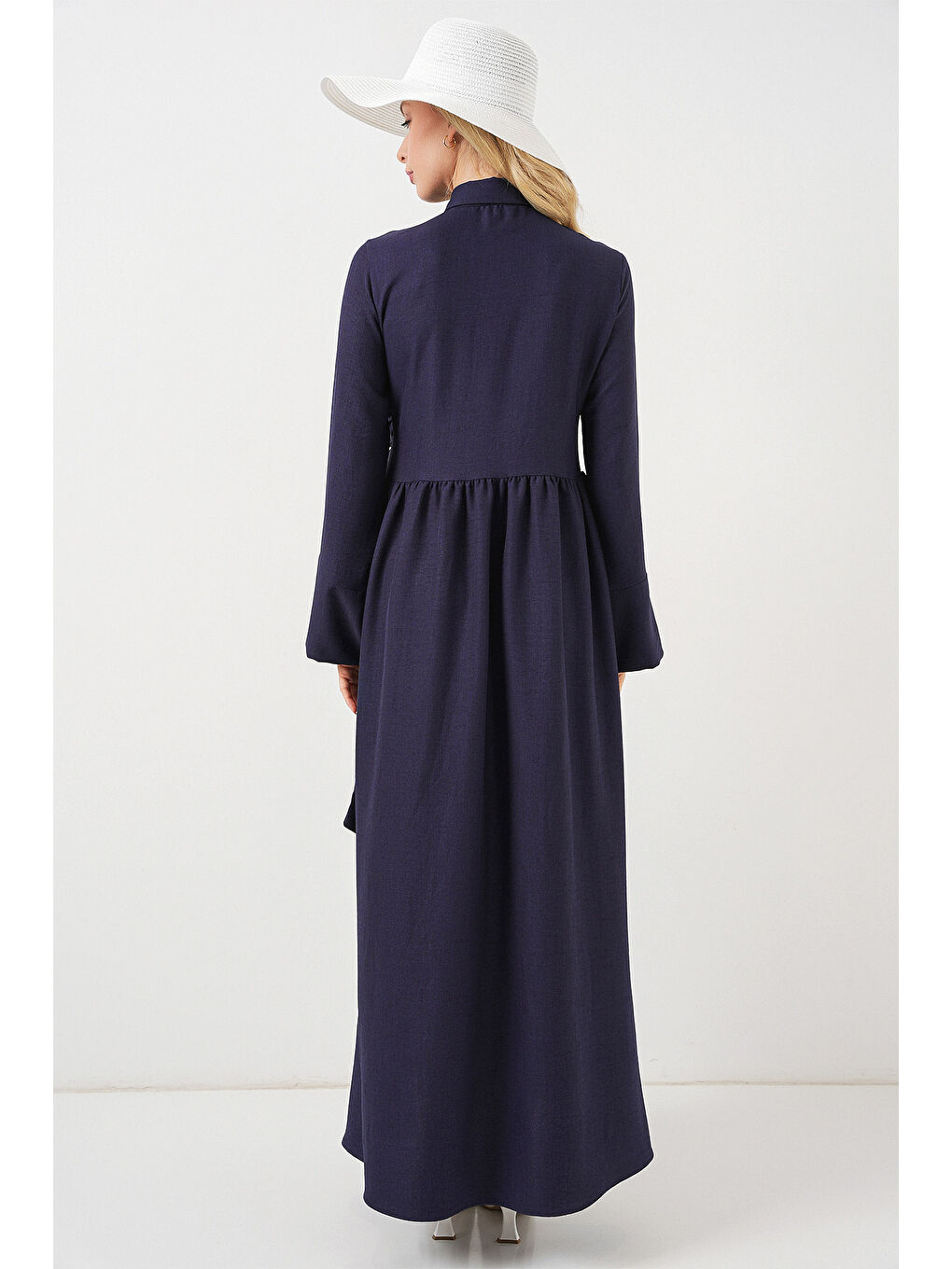 Kadın Önü Bağlamalı Keten Elbise 2574 - Lacivert-6