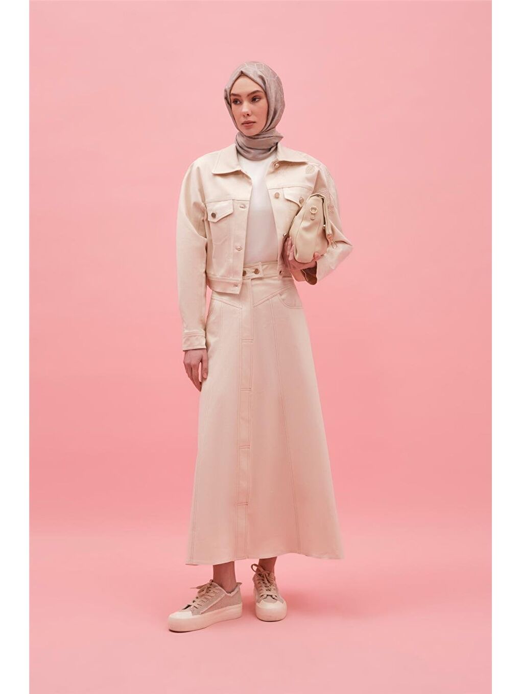 Bej Kulplu Ham Denim Etek 25Y1827 Naturel