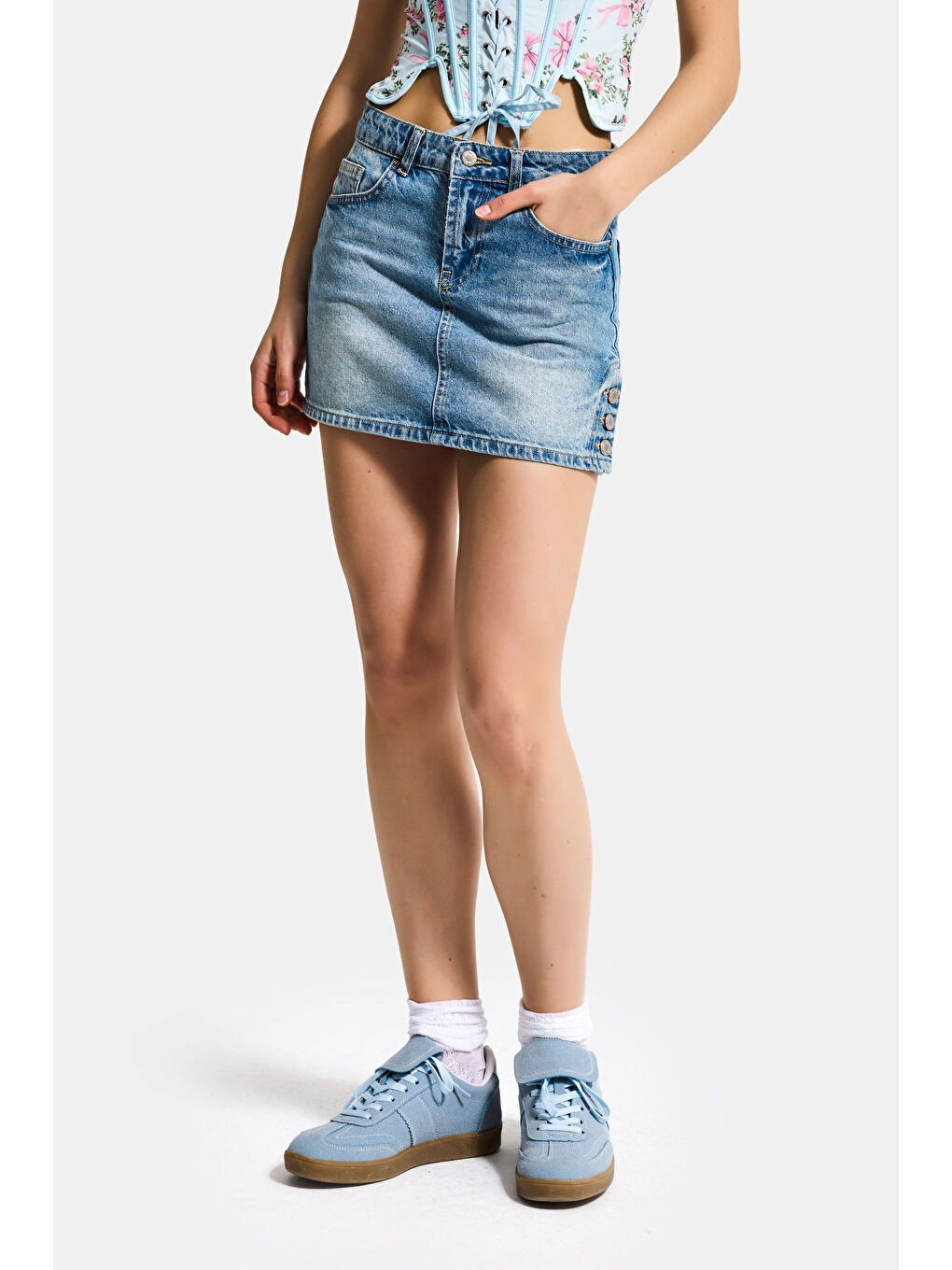 Mavi Kadın Tint Jean Rengi 2s6-3 Mini Boy Yandan Düğmeli Denim Etek-1