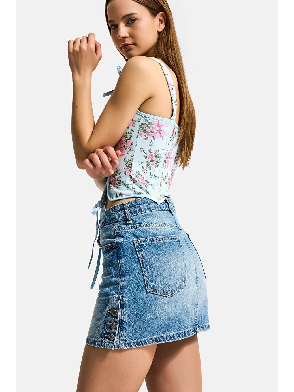 Mavi Kadın Tint Jean Rengi 2s6-3 Mini Boy Yandan Düğmeli Denim Etek-2