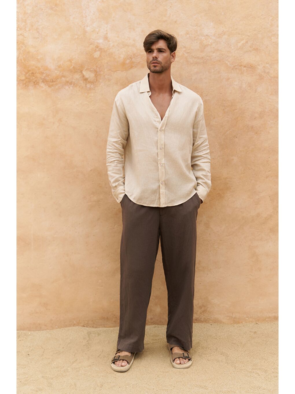 Bej Agnola Oversize Erkek Taş Keten Gömlek-1