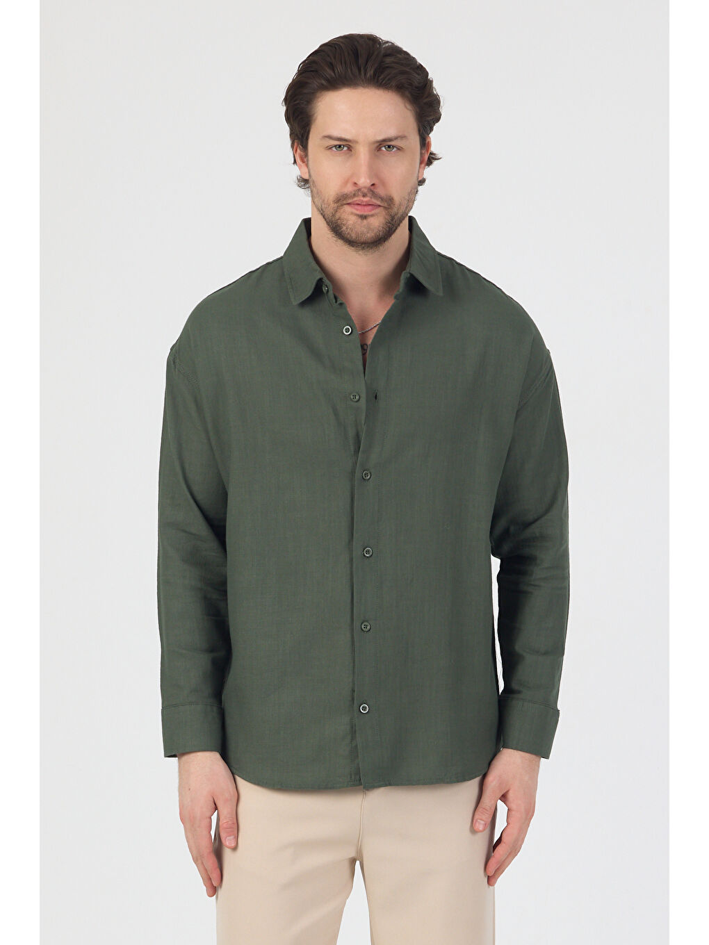 Erkek Pamuklu Keten Görünümlü Gömlek Haki