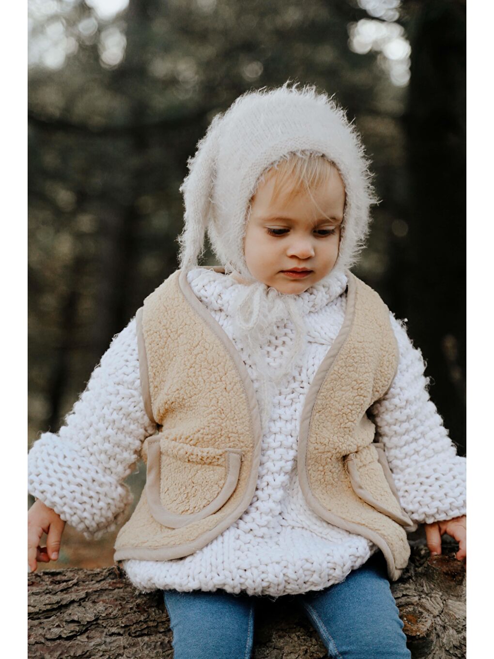 Bej Tavşan Kulaklı Bebek Beresi Model 9-2