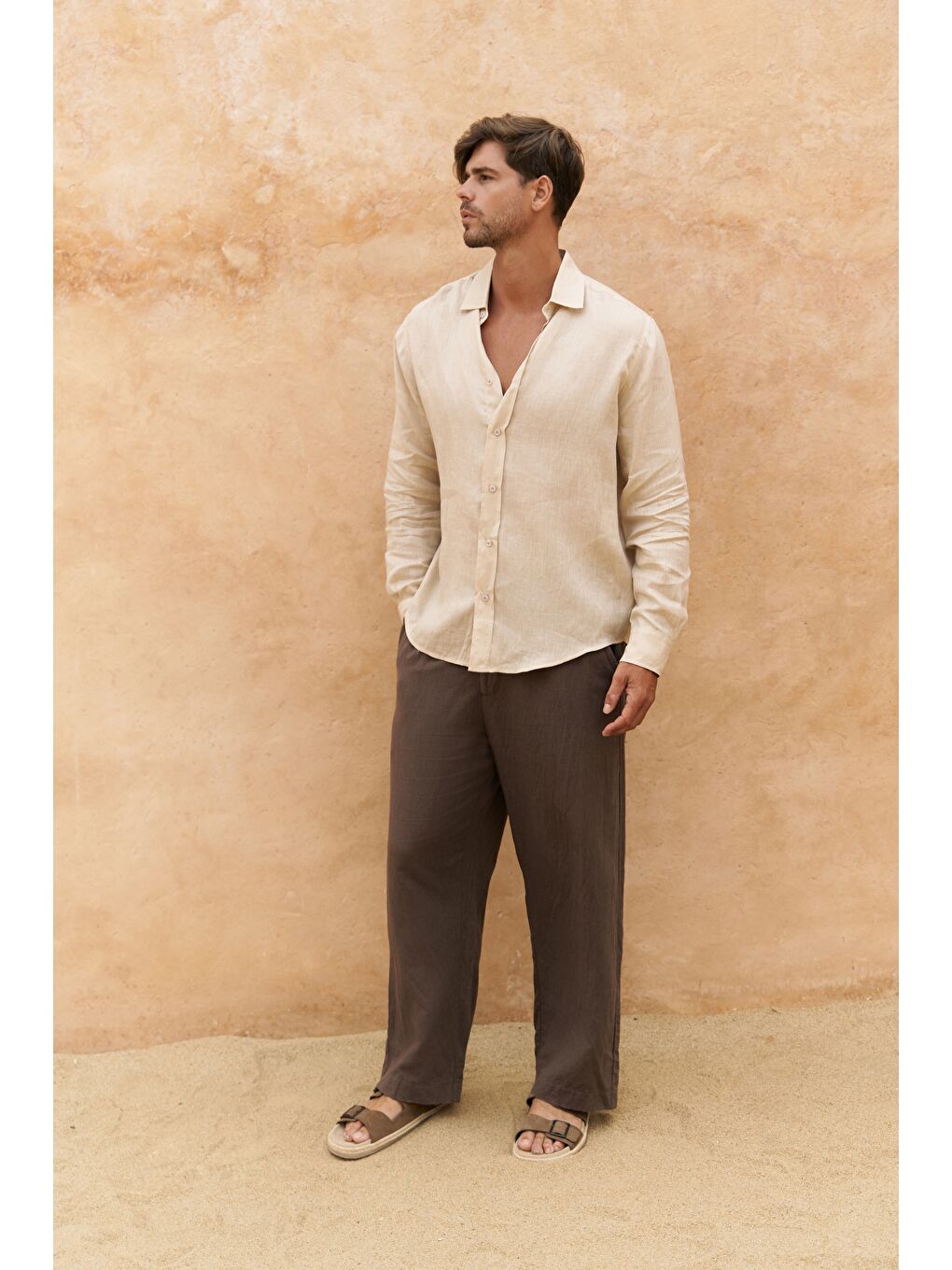 Bej Agnola Oversize Erkek Taş Keten Gömlek-2