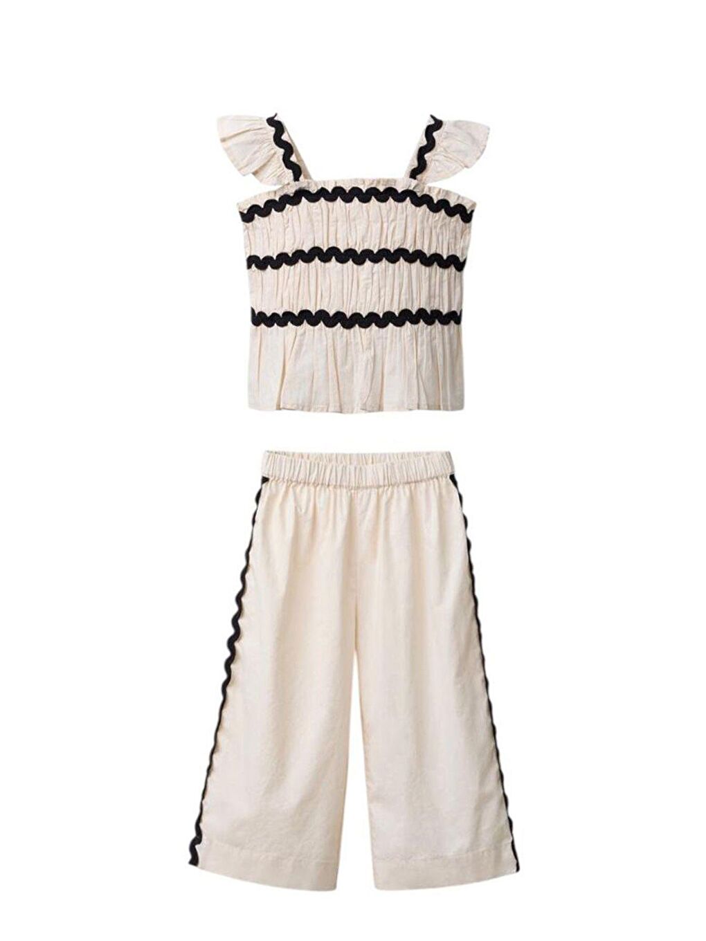 Bej Kız Çocuk Keten Kumaş Fisto Şeritli Bluz Ve Pantolon Alt Üst Takım