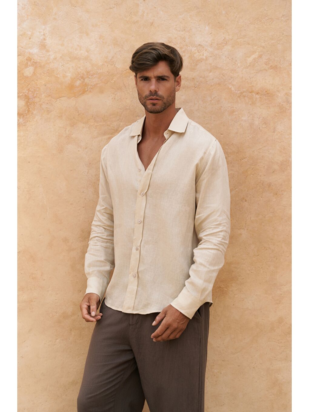 Bej Agnola Oversize Erkek Taş Keten Gömlek-3
