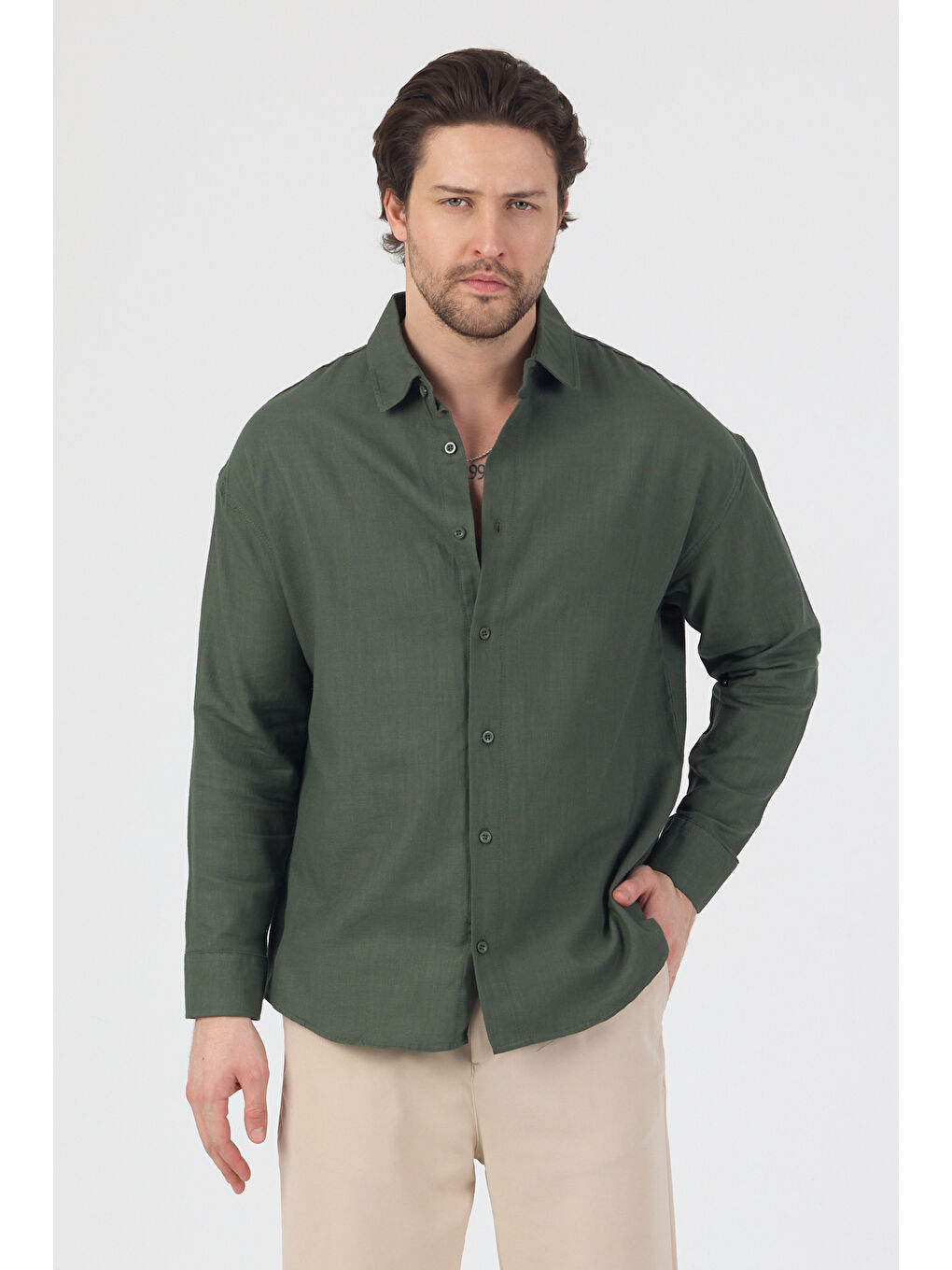 Erkek Pamuklu Keten Görünümlü Gömlek Haki-1