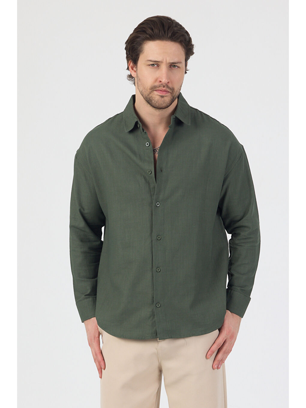 Erkek Pamuklu Keten Görünümlü Gömlek Haki-2