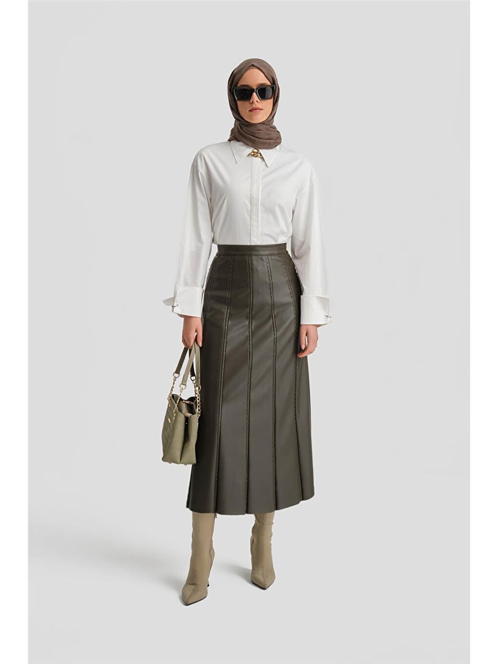 Trok Biyeli Deri Etek 24K1720 Haki-1