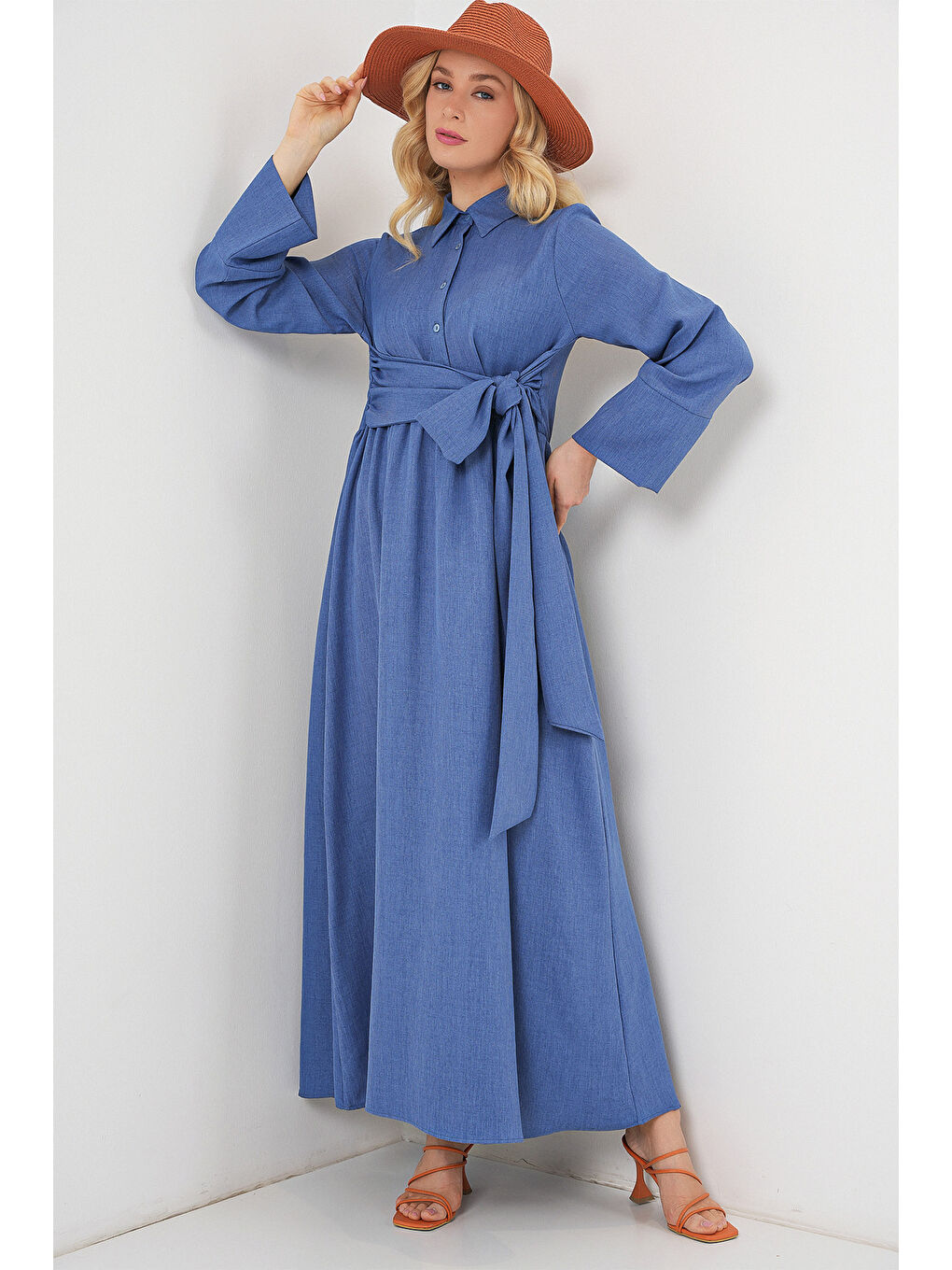 Kadın Önü Bağlamalı Keten Elbise 2574 - İndigo-2