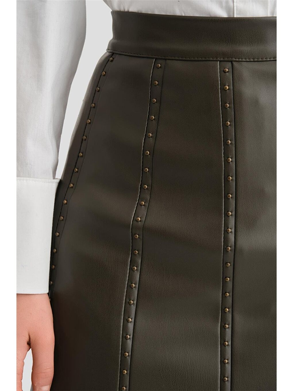 Trok Biyeli Deri Etek 24K1720 Haki-3