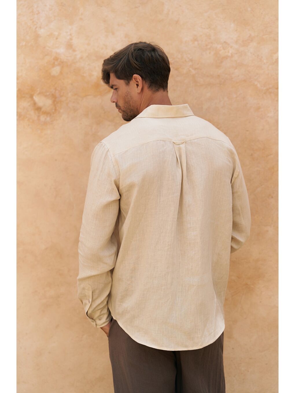 Bej Agnola Oversize Erkek Taş Keten Gömlek-4