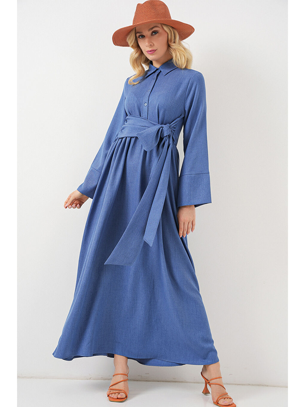 Kadın Önü Bağlamalı Keten Elbise 2574 - İndigo-3