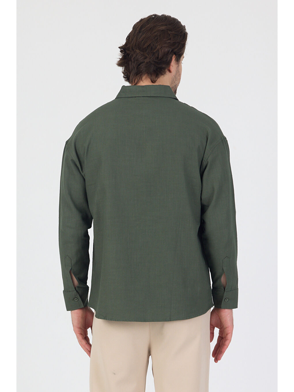 Erkek Pamuklu Keten Görünümlü Gömlek Haki-3