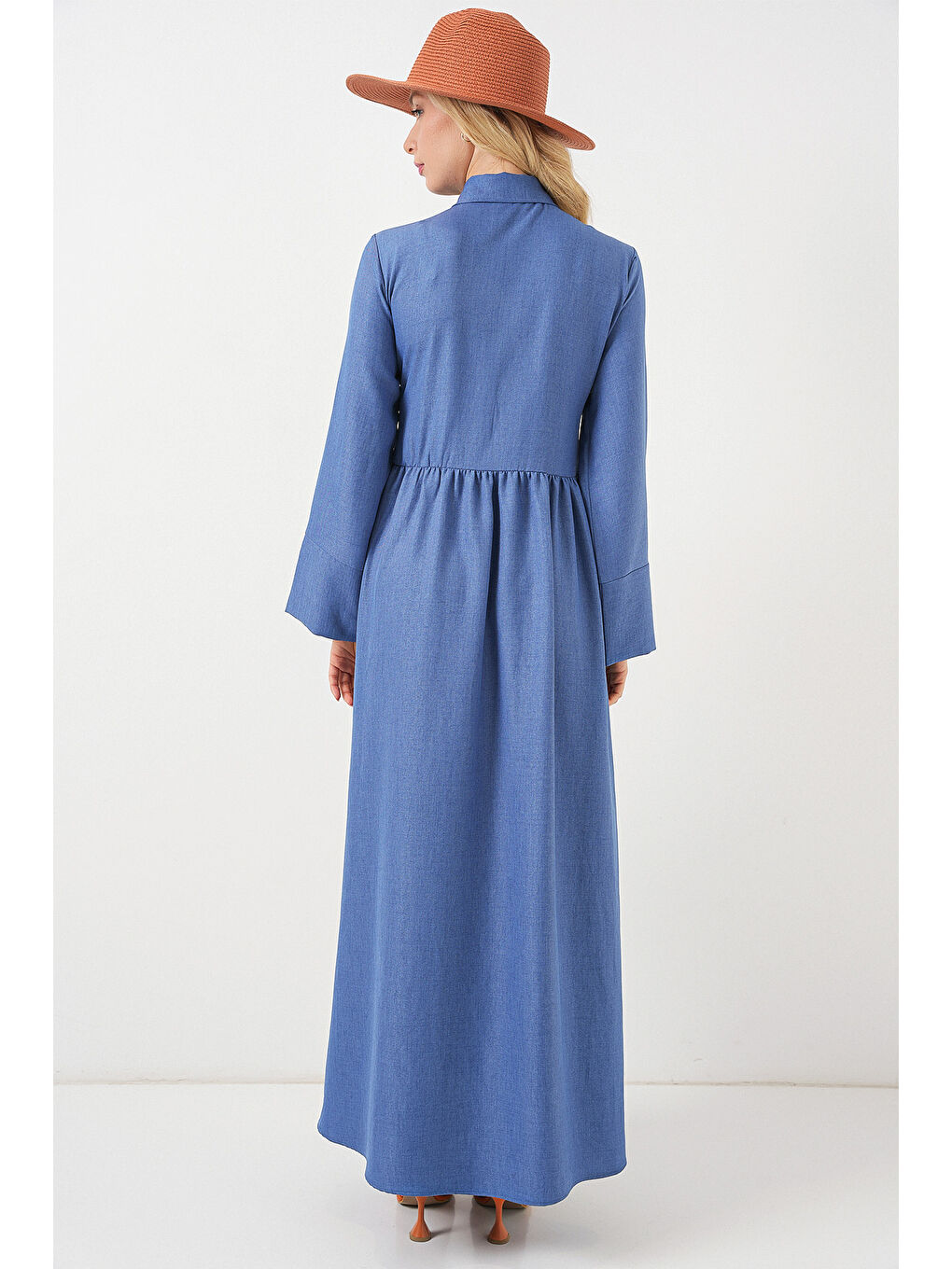 Kadın Önü Bağlamalı Keten Elbise 2574 - İndigo-6