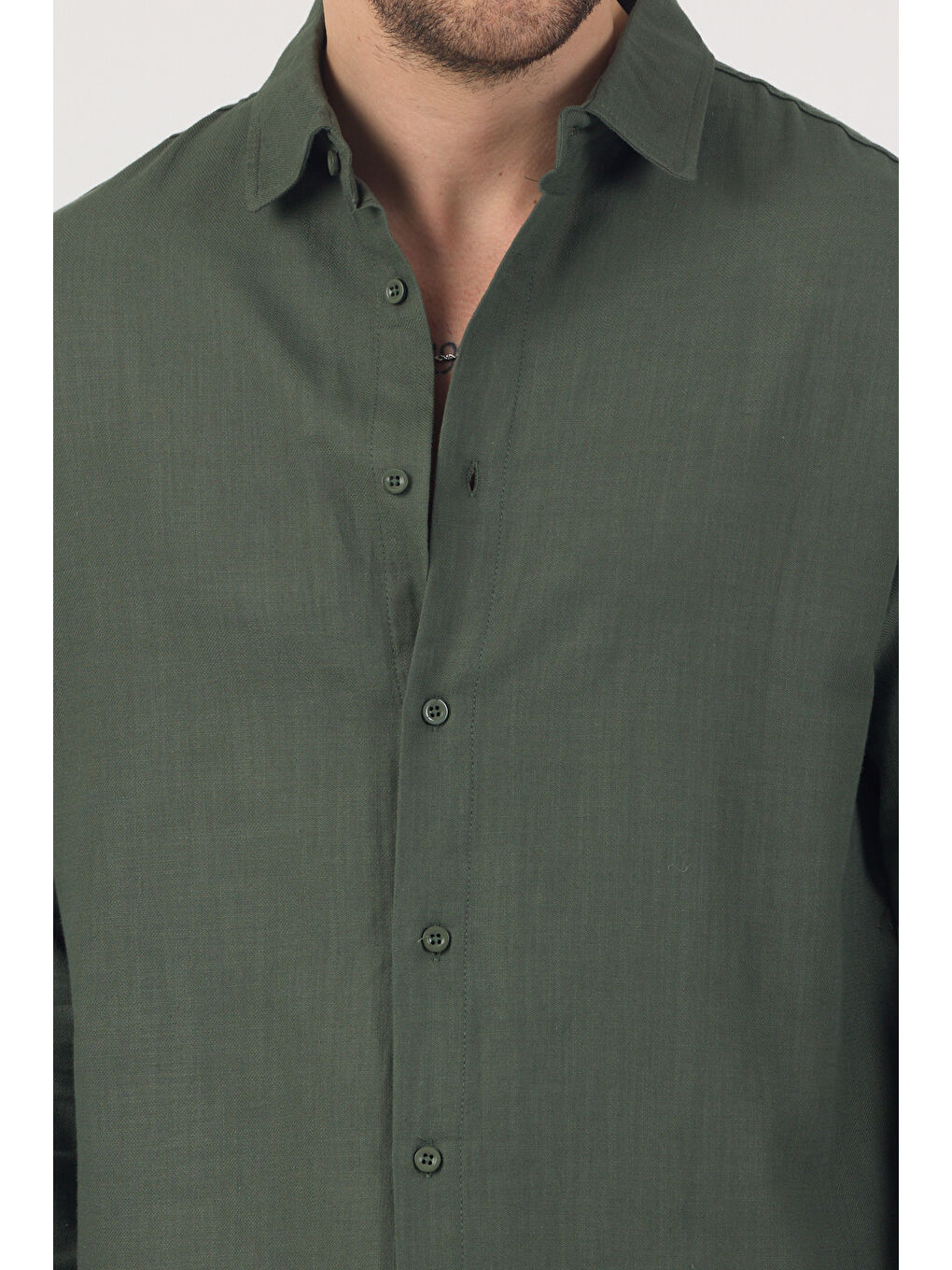 Erkek Pamuklu Keten Görünümlü Gömlek Haki-4