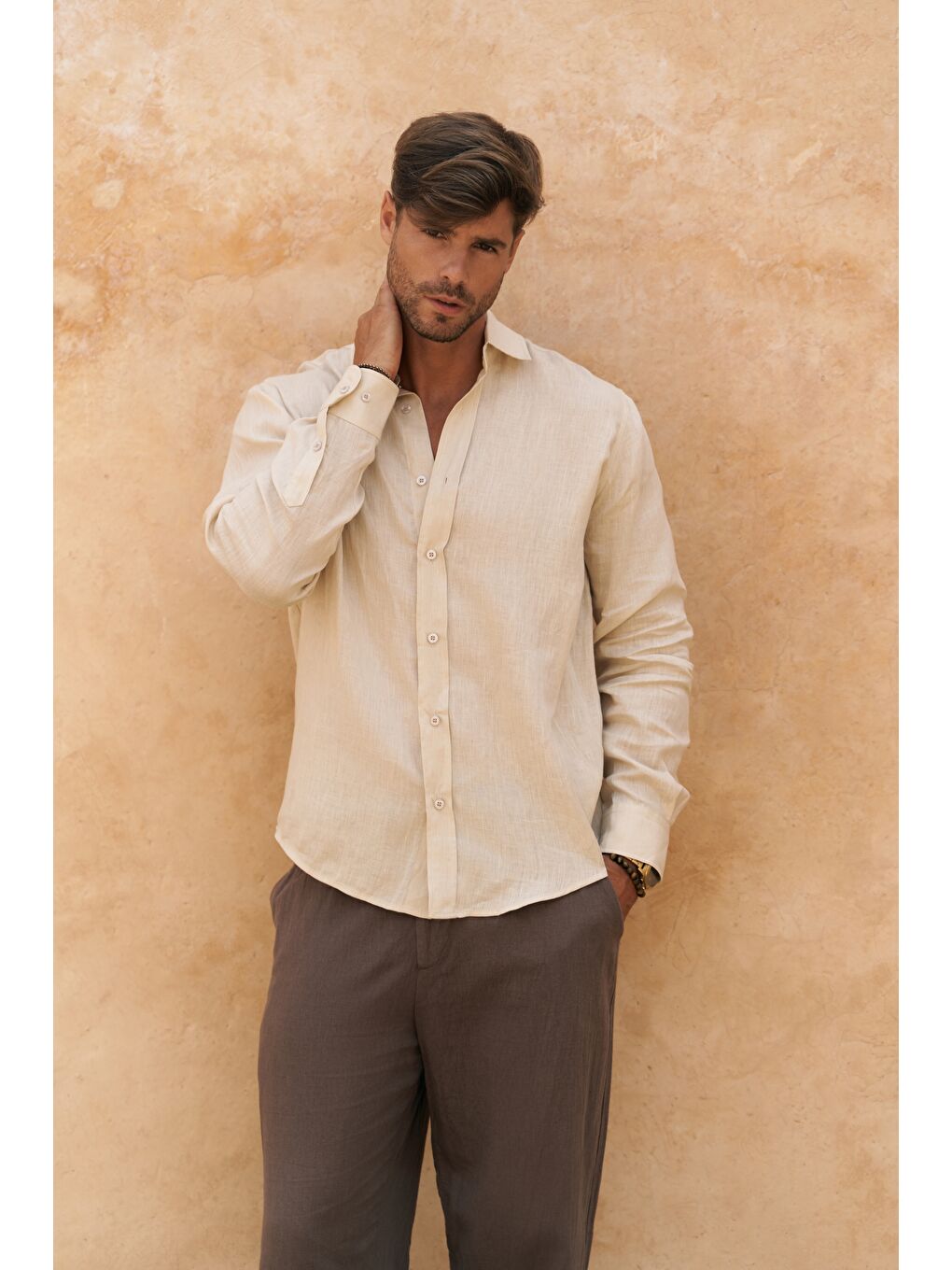 Bej Agnola Oversize Erkek Taş Keten Gömlek-5