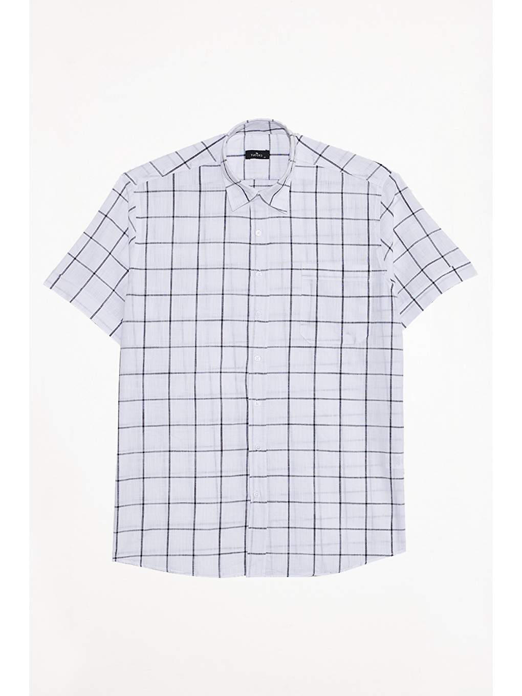Beyaz Erkek Regular Fit Klasik Kesim %100 Pamuk Kısa Kollu Kareli Keten Efektli Cepli Gömlek