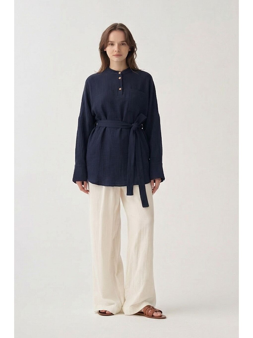 Lacivert-Kuşaklı Müslin Gömlek-1