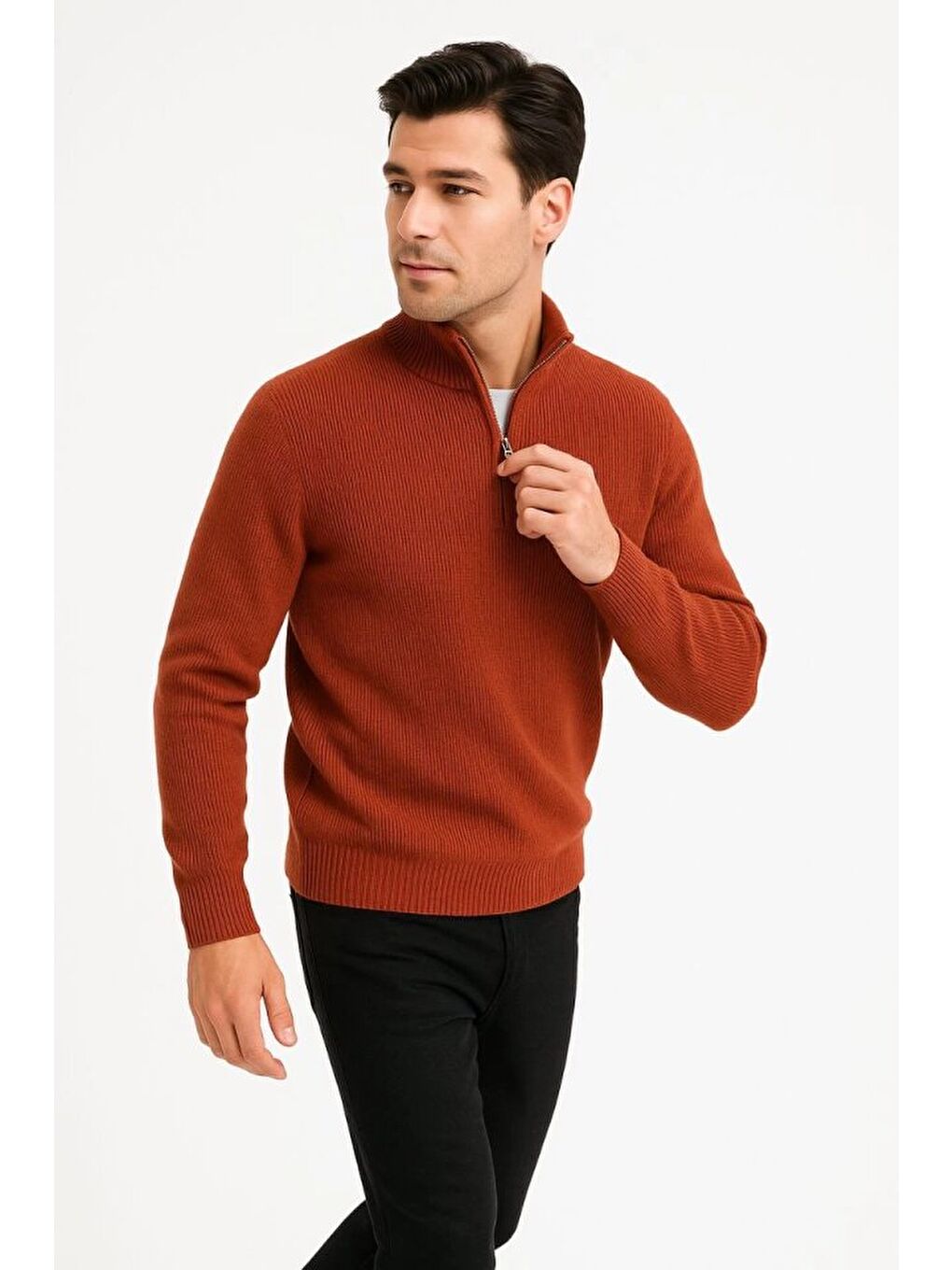 Kahverengi Erkek Yarım Fermuarlı Triko Kazak