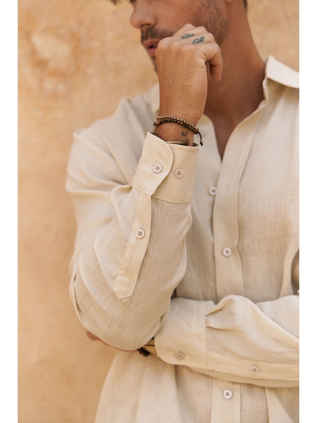 Bej Agnola Oversize Erkek Taş Keten Gömlek-6