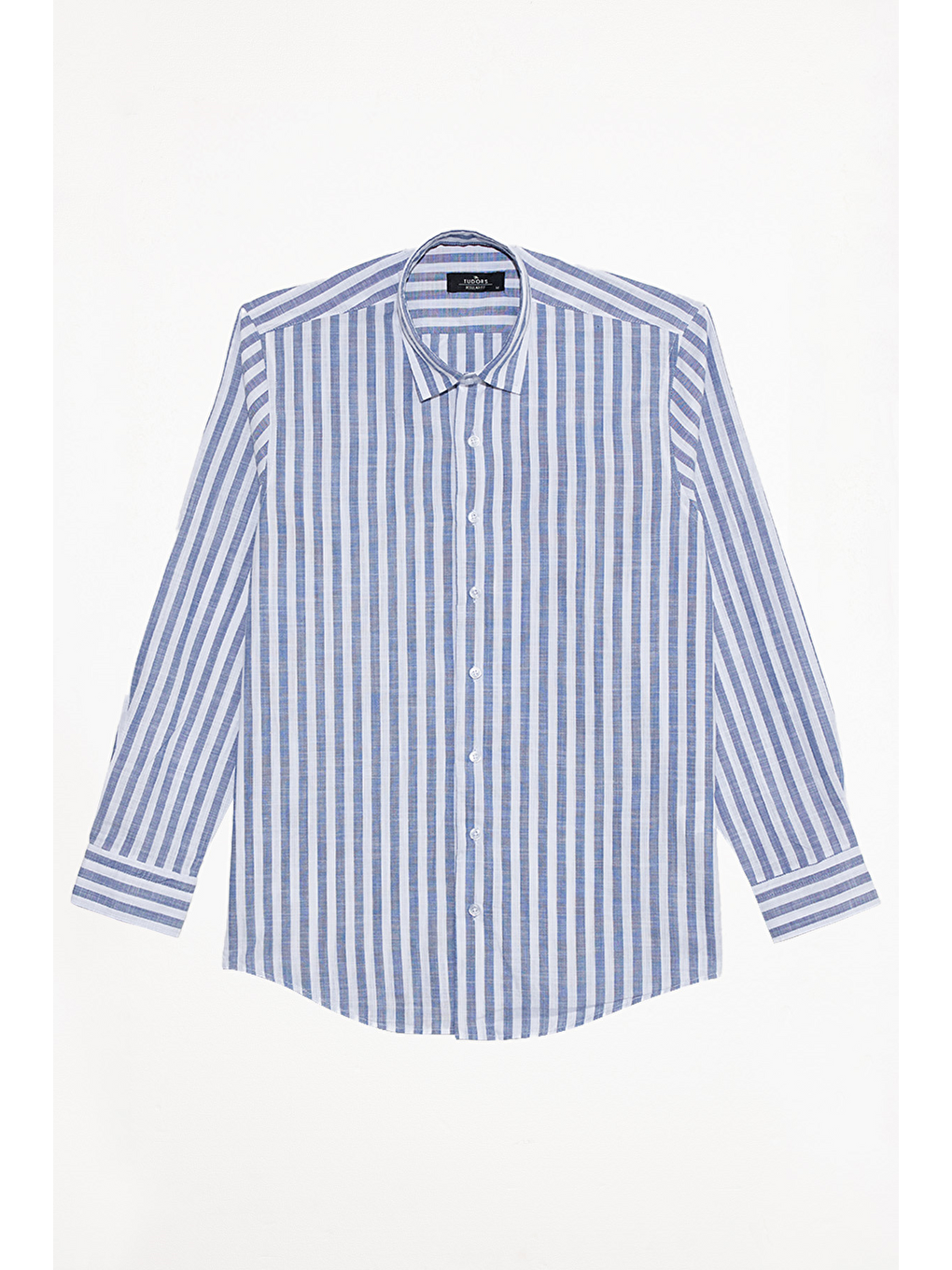 Erkek Regular Fit Klasik Kesim %100 Pamuk Çizgili Keten Efektli Lacivert Gömlek