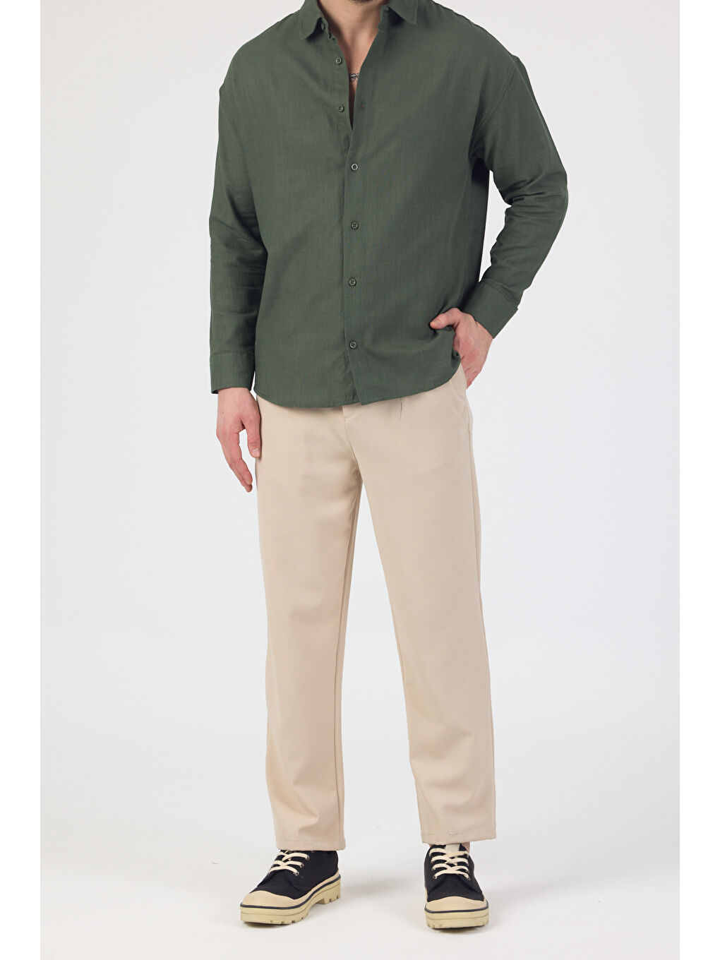 Erkek Pamuklu Keten Görünümlü Gömlek Haki-5