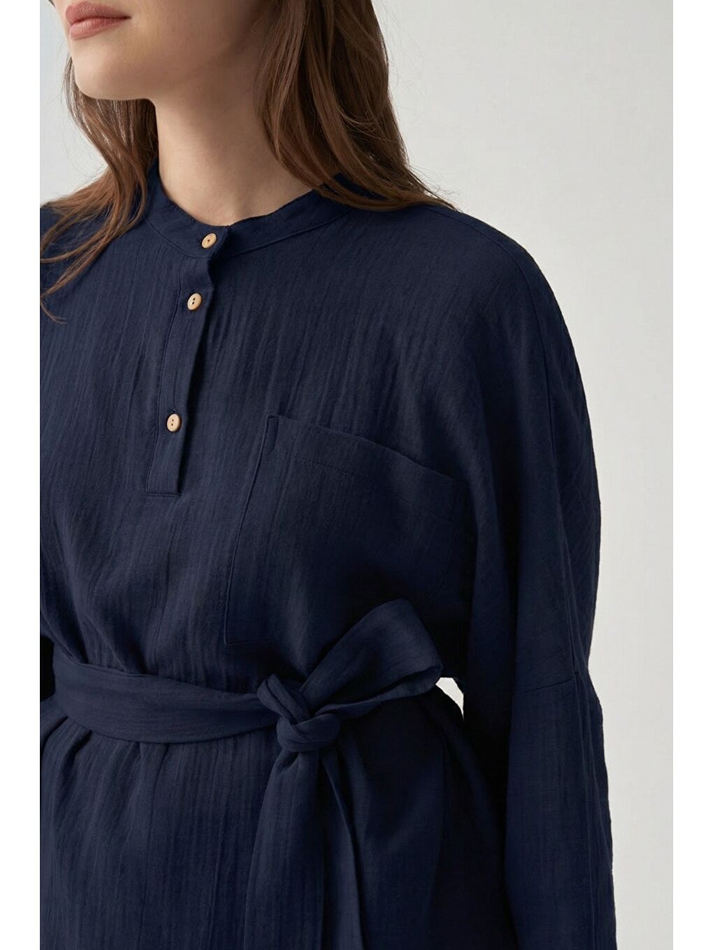 Lacivert-Kuşaklı Müslin Gömlek-3