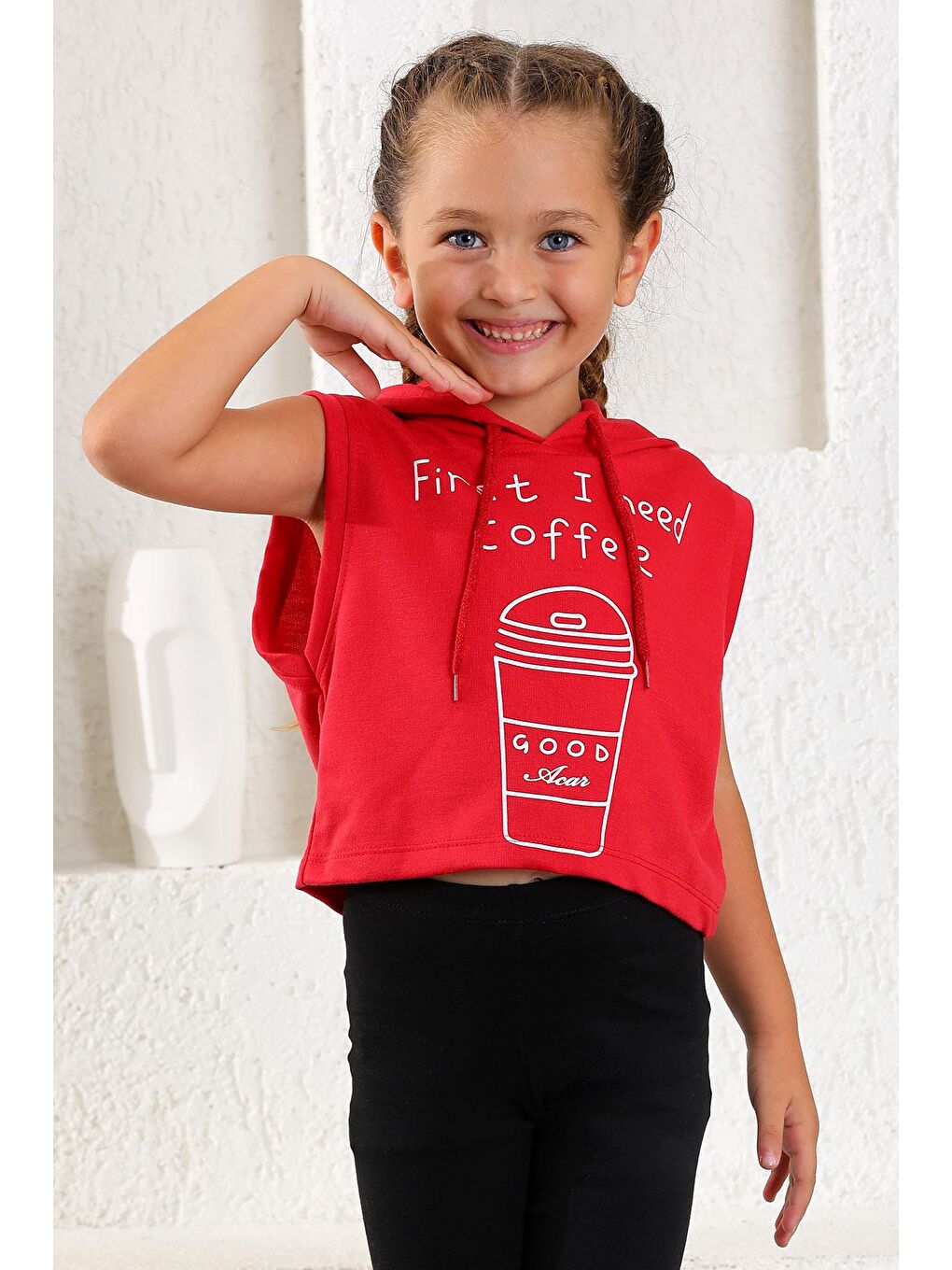 Kapüşonlu Sıfır Kol Coffee Baskılı Kırmızı Renk Kız Çocuk Sweatshirt