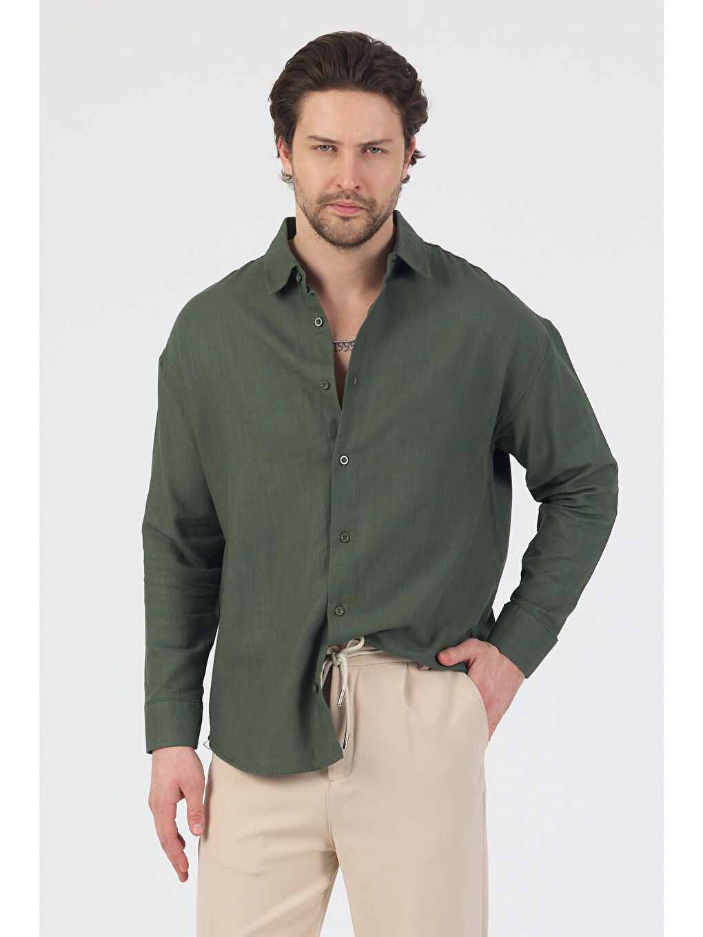 Erkek Pamuklu Keten Görünümlü Gömlek Haki-6