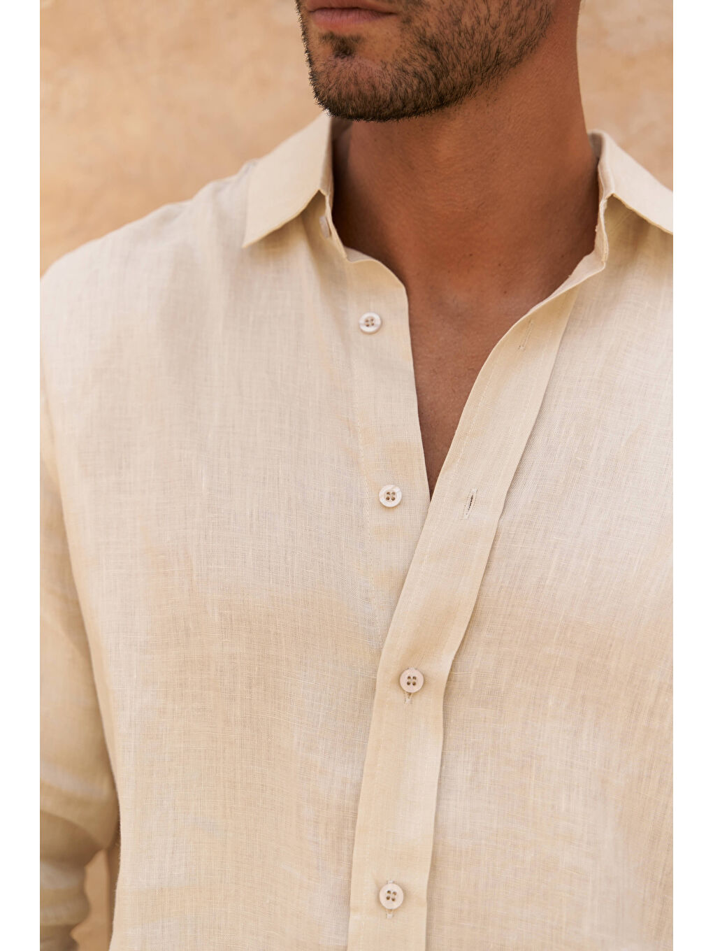 Bej Agnola Oversize Erkek Taş Keten Gömlek-7